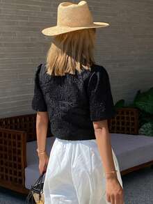 DAZY Women's Elegant Floral Textured Round Neck Blouse, Summer - Black - View 2