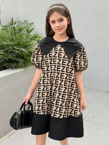 SHEIN Tween Girl Loose Fit College Style Color Block Puff Sleeve Midi Dress With Contrast Collar, Back To School, Elegant, Tween Girl - Black - View 4