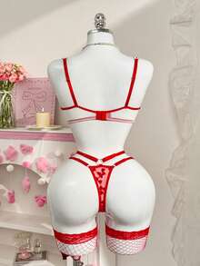 PetitDoll 3件套可爱爱心刺绣撞色蝴蝶结性感连体衣 - 紅色 - 查看 2