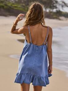 Aralina 女士夏季牛仔荷叶边迷你连衣裙，可爱情人节假日度假穿搭，Y2K斯德哥尔摩风格 - 淺色水洗藍 - 查看 2