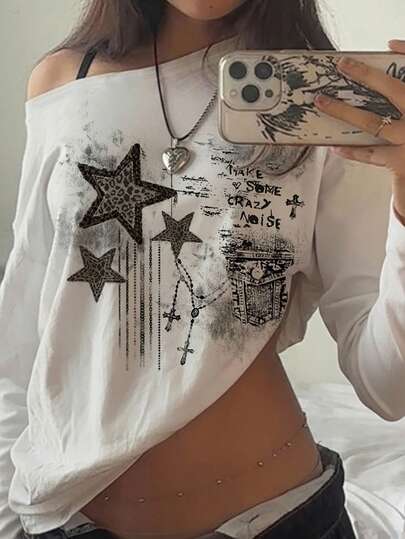 SHEIN EZwear 休闲街头复古星空涂鸦印花加大码不对称露肩荷叶边长袖T恤，性感露肩套头衫，适合秋冬季、返校季、复古、朋克风等场合。