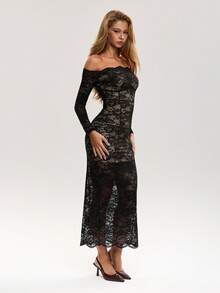Sweetina Women's Black Floral Lace Off Shoulder Long Dress Seductive Autumn Party Night Out Concert Formal Wedding Guest Bridesmaid See Through Dress - Black - View 3