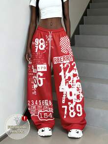Rovax Women's Casual Street Style Graphic Print Drawstring Pants - Red - View 1