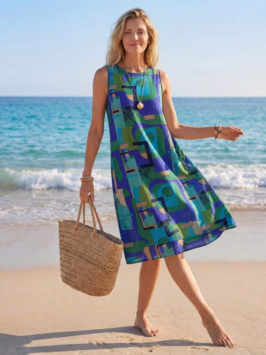 Sylviya 休闲印花无袖圆领A字连衣裙，夏季连衣裙，度假装 - 藍色 - 查看 1