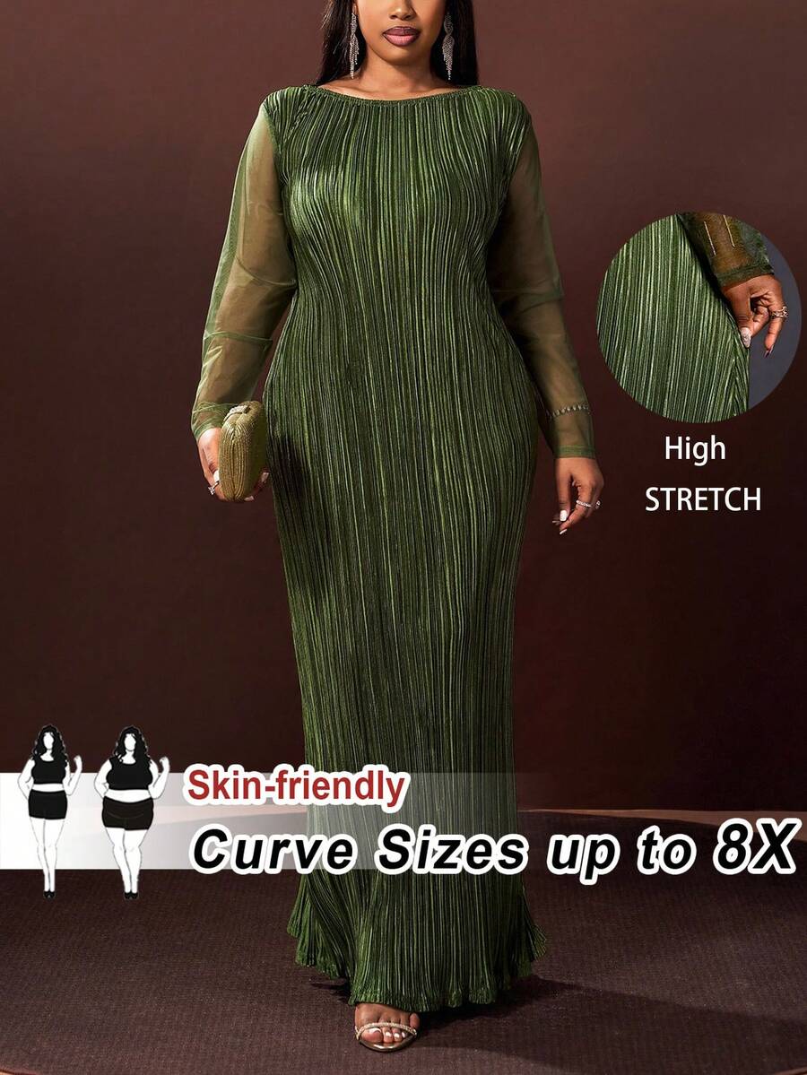 SHEIN CURVE+ Kích cỡ US22 (dành cho người có thân hình đầy đặn) - Lễ hội âm nhạc, Kỳ nghỉ biển, Phong cách Bohemia - Bộ sưu tập Thu/Đông 2025 mới về, Thanh lịch & Tiệc tùng & Hẹn hò & Buổi tối & Lễ tốt nghiệp & Sinh nhật & Mùa cưới, Màu xanh lá cây trơn dáng rộng, Tay dài phối lưới, Dáng chữ A, Vải xếp ly, Váy maxi - Váy co giãn - màu xanh lá - Xem 1
