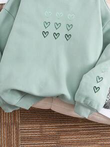 SHEIN Tween 女童宽松休闲简约心形图案连帽运动衫，长袖，适合秋冬季 - 綠色 - 查看 4