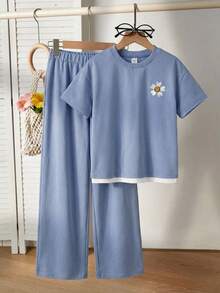 SHEIN Bộ áo len cổ tròn tay ngắn và quần ống đứng cho bé gái tuổi mới lớn - Màu xanh bụi bặm - Xem 7