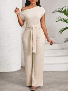 SHEIN Lady Macacão feminino casual de cor sólida com decote halter, manga curta e amarração na cintura. - Rosa - Ver 3