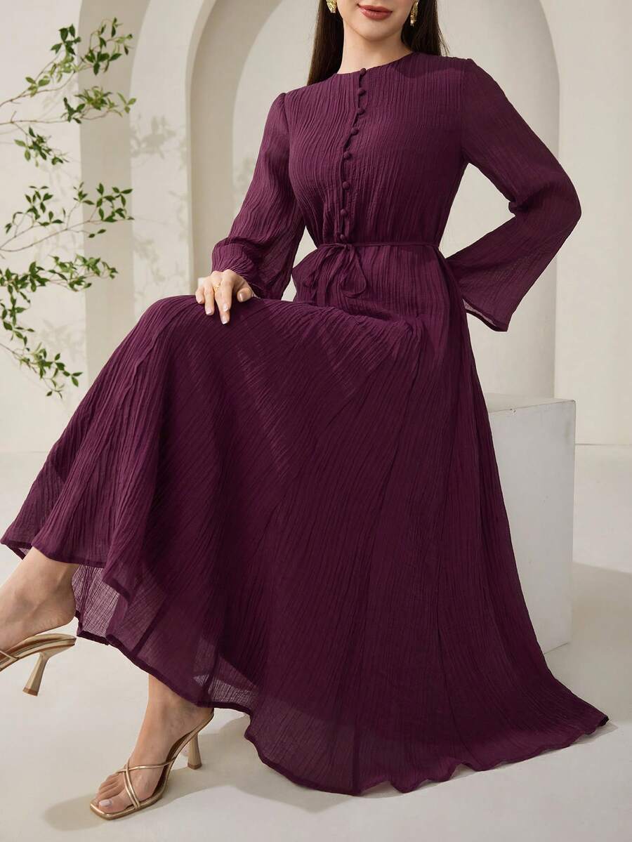 Veilorie 新款褶皱纹理修身A字飘逸沙滩度假休闲派对连衣裙 - 紫紅色 - 查看 1