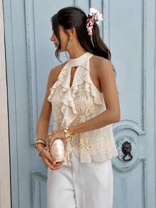 Serisse Women's Summer Vacation Sequin Embroidery Ruffle Halter Blouse - Apricot - View 4