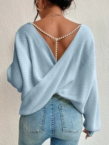 EURMUSE Women's Solid Color Loose Fit Dropped Shoulder Long Sleeve Criss-Cross Back Sweater, Autumn/Winter - Baby Blue - View 2