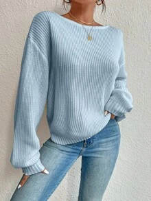 EURMUSE Women's Solid Color Loose Fit Dropped Shoulder Long Sleeve Criss-Cross Back Sweater, Autumn/Winter - Baby Blue - View 3