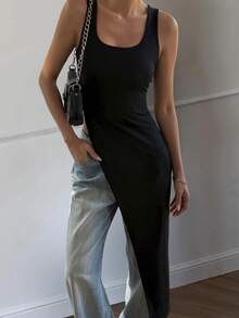 Livesso Women's Asymmetric Hem Casual Sleeveless Top, Suitable For Music Festival, Valentine's Day, Street Style, Vacation, Spring/Summer - Black - View 1