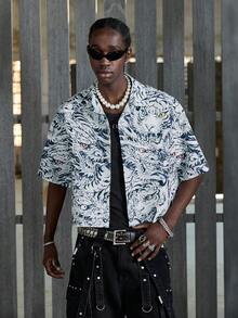 NEON BLANC 男士街头时尚印花短袖衬衫 - 藍白色 - 查看 3