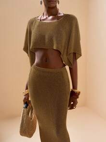 Zivah Conjunto de falda ajustada y cubrecuerpo con bajo asimétrico, estilo de vacaciones en la playa, primavera/verano - Café integral - Ver 5