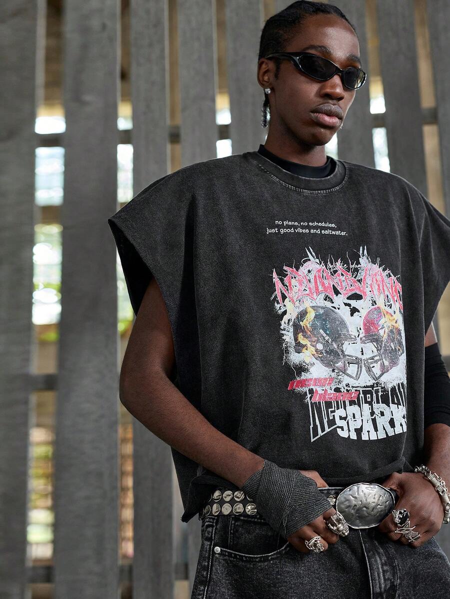 NEON BLANC 男士休闲宽松黑色背心，雪花印花图案，夏季 - 黑色 - 查看 1