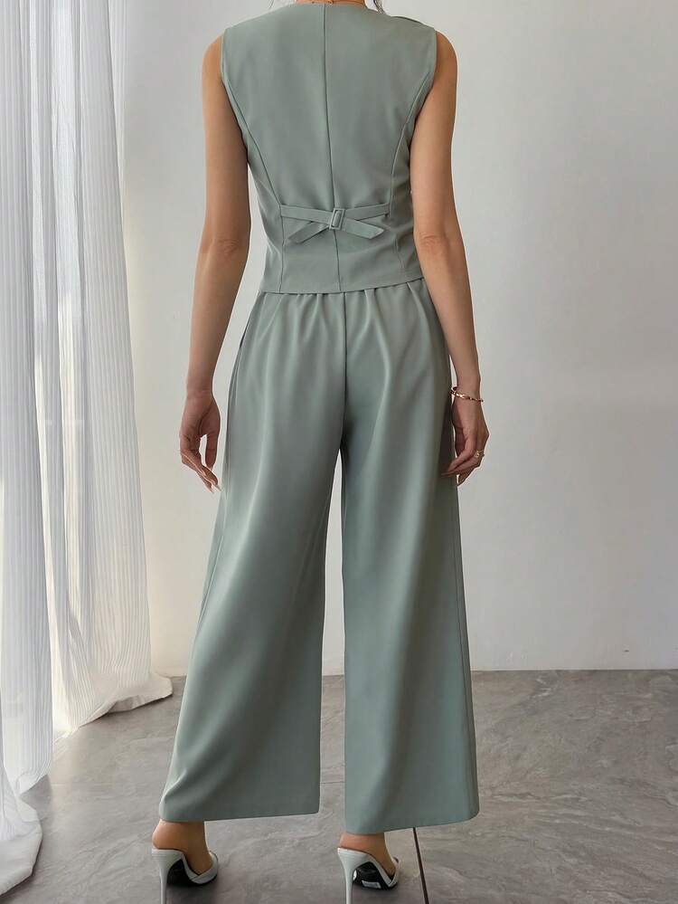Women's Elegant Solid Color 3D Floral Vest And Wide Leg Pants 2 Pieces Set, Spring/Summer,Wedding Guest Dress Women