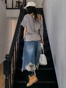 DAZY 女士条纹不对称肩短袖休闲宽松T恤 - 灰色 - 查看 2