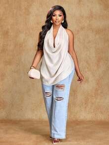 Brilight Halter Cowl Neck Women's Tank Top In Apricot Woven Fabric Style With Tie Back - Apricot - View 5
