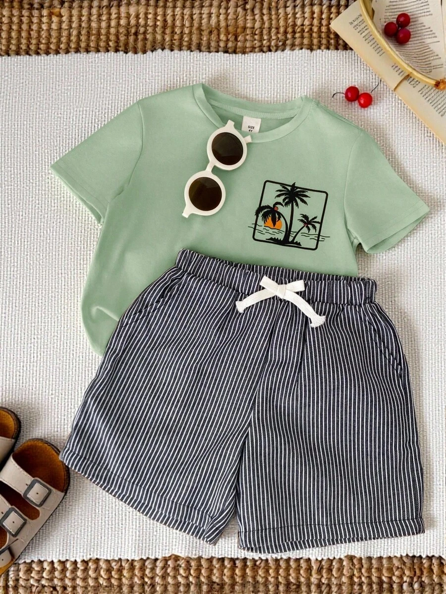 SHEIN Conjunto de 2 peças para bebê menino/menina: camiseta de manga curta com estampa de desenho animado e shorts listrados com elástico na cintura. Ideal para férias de verão. - Multicolorido - Ver 1