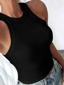 DrmWander 大码女式纯色修身圆领背心 - 黑色 - 查看 1