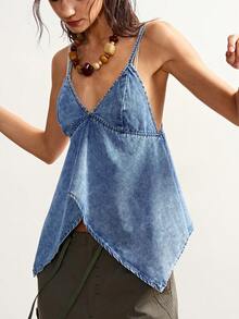 Bohemela New Women's Denim Top With Asymmetrical Hem And Rivet Embellishments, Fashionable And Sexy Denim Suspender Top, Blue Denim Top, Y2K Suitable For Casual Vacations, Outings, Beach Wear, And Music Festivals.  Summer Tops - Light Wash - View 1