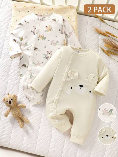 SHEIN 新生男宝宝休闲连体衣，四季皆宜，动物印花+可爱小熊设计，带3D耳朵，适合日常穿着或户外活动