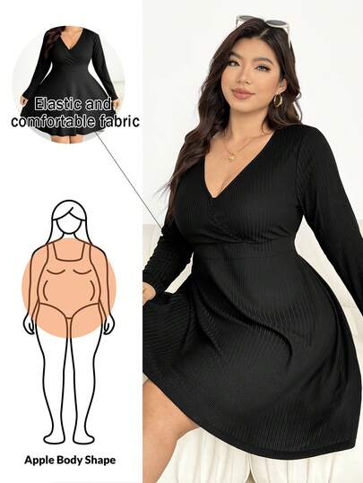 SHEIN Essnce Plus-Size Women's Spring And Autumn Fashion Casual Stretchy Comfortable Everyday Basic Versatile Slimming V-Neck Long Sleeve Waist-Cinching Black Short Dress,Curve Dress,Spring Clothes,Simple Style