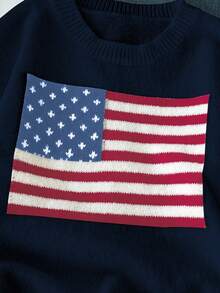 SHEIN Autumn/Winter New American Flag Print Knit Sweater Long Sleeve, Loose Fit Knitted Pullover Top For Teen Girls Usa Sweatshirt Youth Sweaters Flag Sweater Fourth Of July Sweatshirt - Navy Blue - View 4
