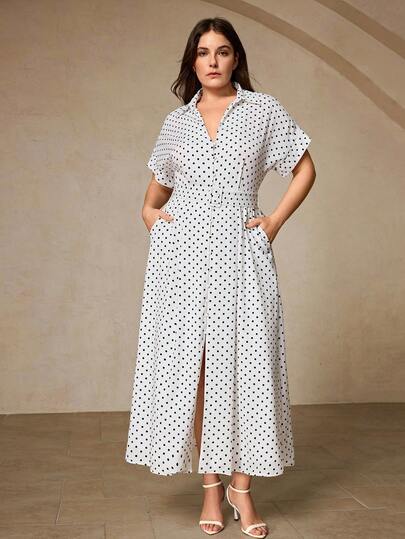 Aveloria Rosie 优雅法式复古波点印花V领纽扣设计收腰连衣裙，带大口袋，短袖，大码，长款连衣裙