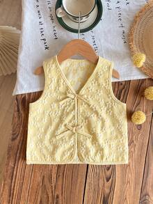 SHEIN Young Girl Woven Solid Color Jacquard Casual Tank Top,Kids - Yellow - View 6