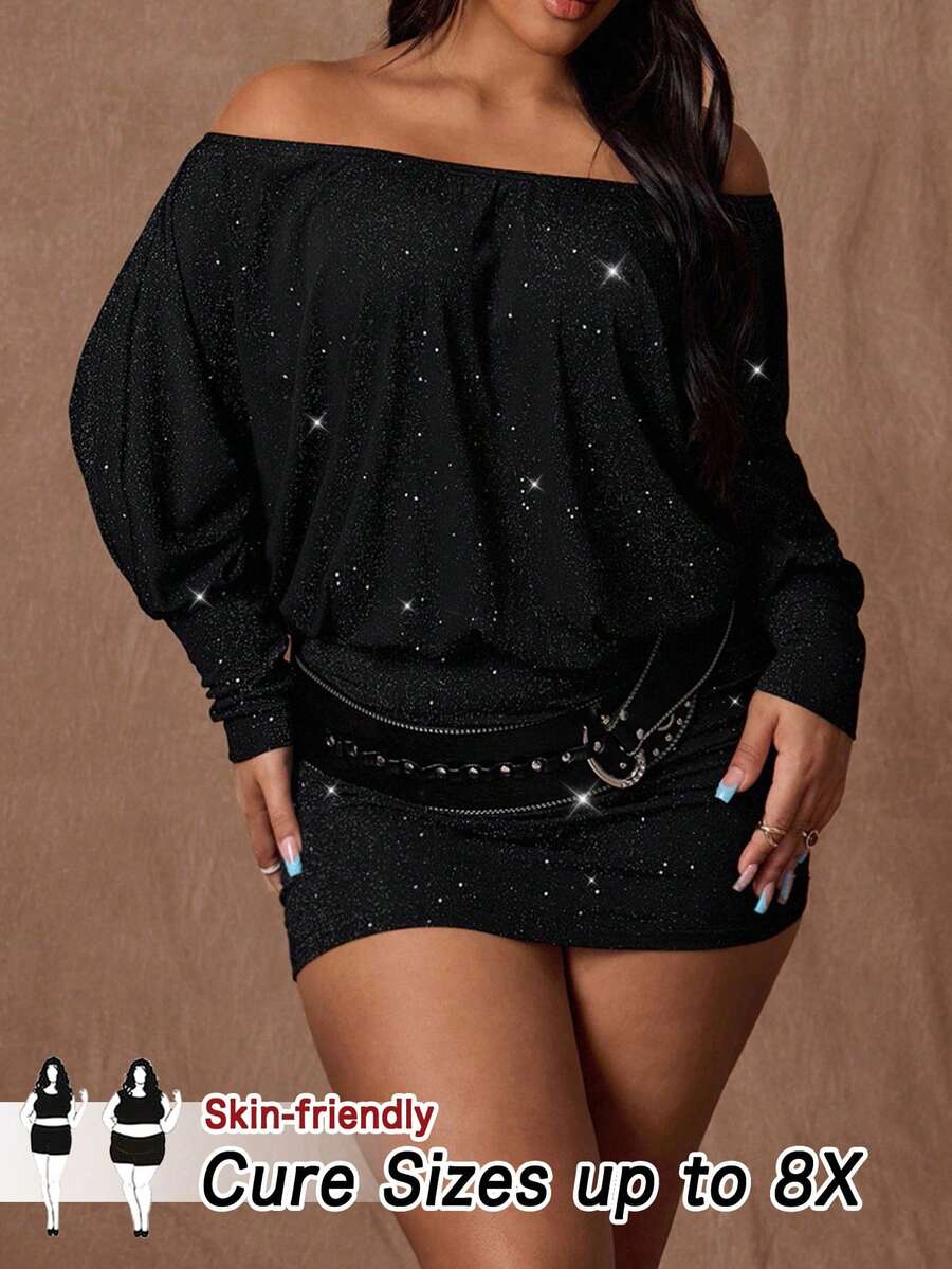 SHEIN CURVE+ 大码女式复古浪漫性感派对亮片露肩大袖连衣裙，返校季必备，斜领，不对称领口，长袖，两穿式，修身紧身鸡尾酒会礼服，情人节、舞会、度假派对礼服 - 黑色 - 查看 1