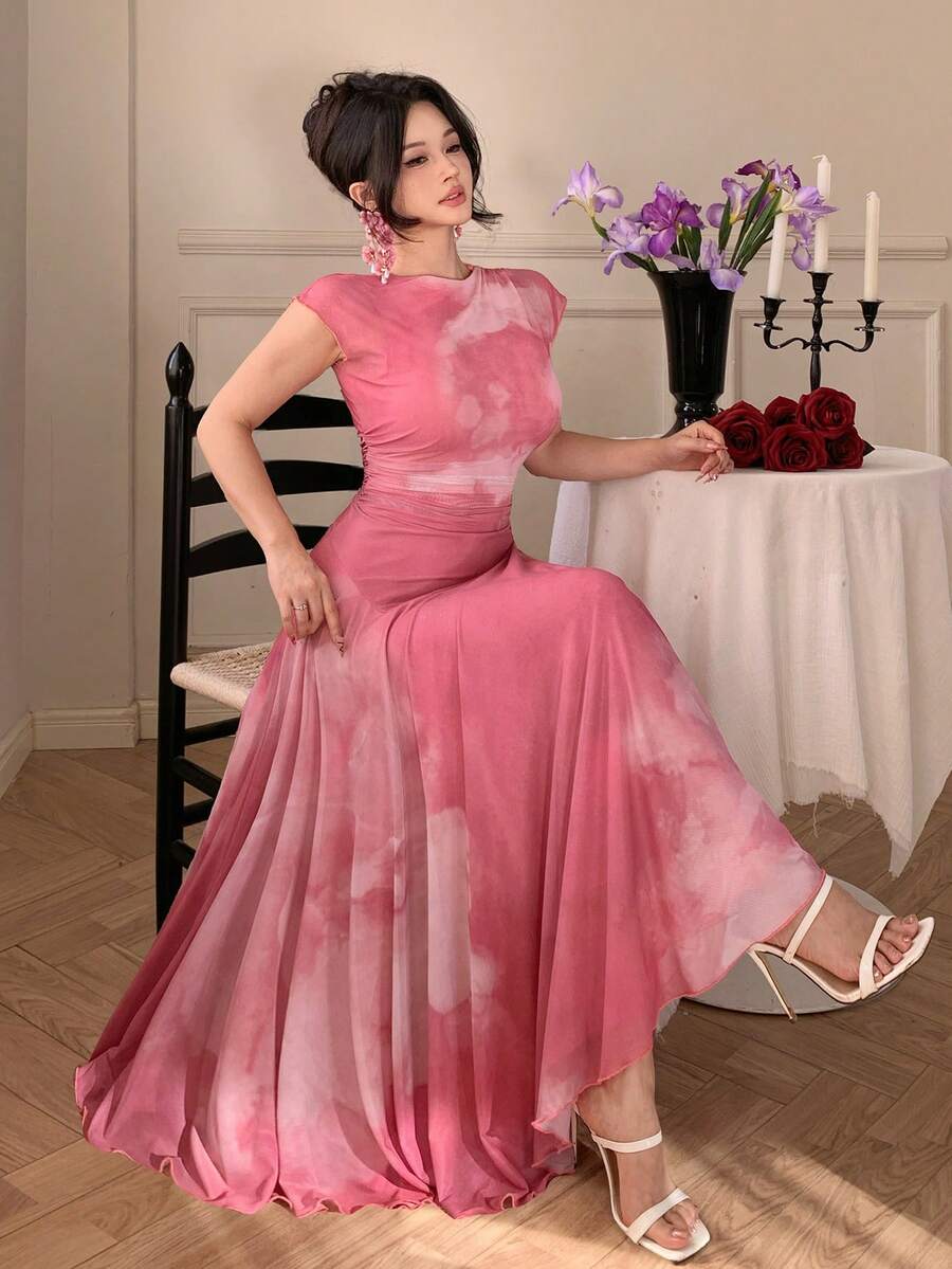 DAZY Women's Elegant Floral Pleated Midi Dress, Summer - Pink - View 1