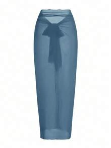 One-Piece Swimsuit With Solid-Color Ruched Mesh Panel And Sarong Skirt - Sea Blue - View 5