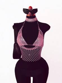 EgrlEra Women's Fashionable Sexy Rhinestone Halter Crop Top Rhinestone Club Outfit Rhinestone Top Sexy Concert Outfit - Baby Pink - View 6