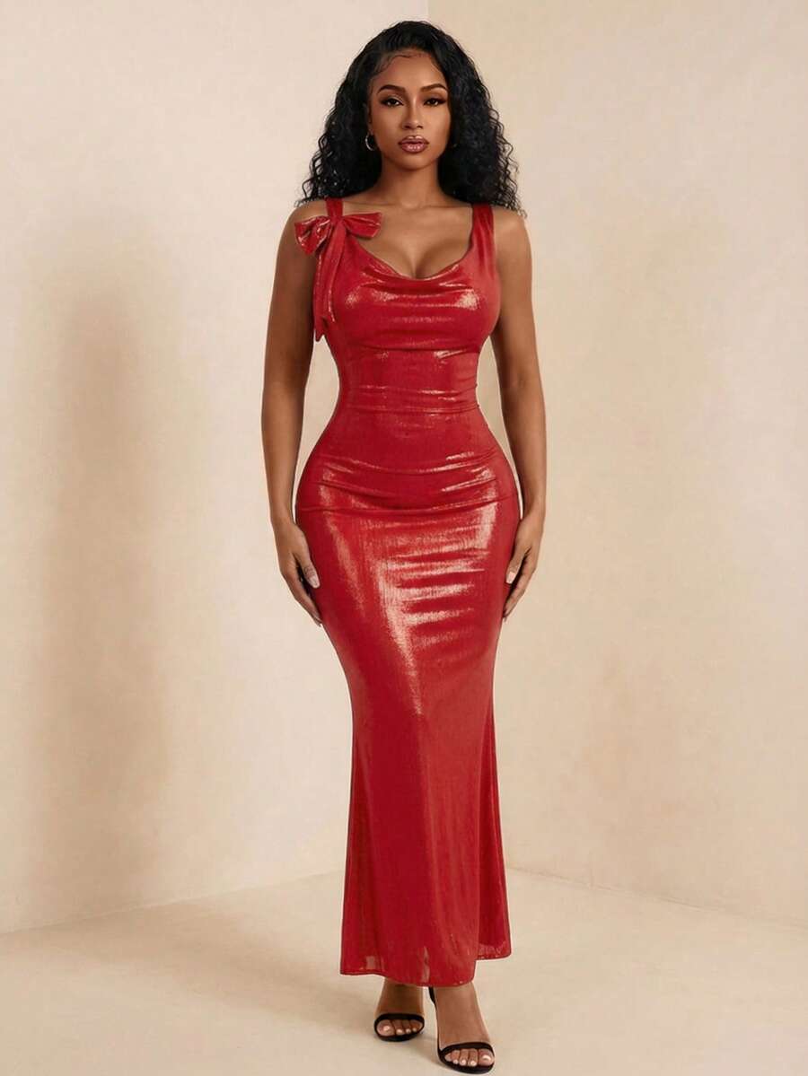 Eryvara 女士纯色褶皱领蝴蝶结装饰褶裥优雅收腰长款派对连衣裙 - 紅色 - 查看 1