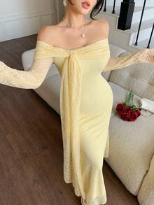 DAZY Đầm midi ren thanh lịch trễ vai buộc dây dáng đuôi cá dành cho nữ, đầm dự tiệc cưới mùa xuân/hè. - Vàng nhạt - Xem 10