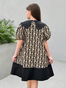 SHEIN Tween Girl Loose Fit College Style Color Block Puff Sleeve Midi Dress With Contrast Collar, Back To School, Elegant, Tween Girl - Black - View 2