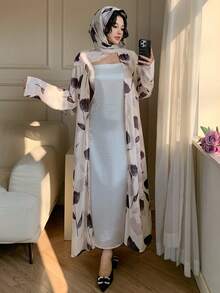 DAZY Printed Long Sleeve Casual Loose Cardigan Dress For Women, Daily Wear - Beige - View 5