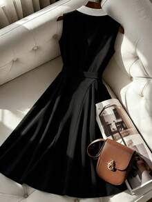 Franclia Women's Tie Collar Ruched Waist Elegant Casual Dress, Suitable For Dates And Commuting - Black and White - View 2