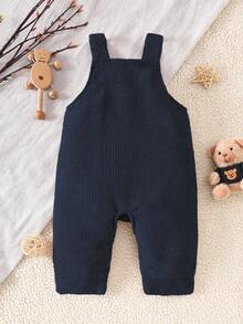 SHEIN 男婴杏色可爱棕熊头刺绣直筒连体裤，适合日常外出、居家休闲、亲子互动、生日派对及其他喜庆场合，四季皆宜 - 寶藍色 - 查看 2