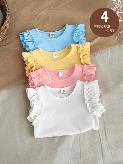 LMoss Kids 4pcs/Set Young Girl Casual Solid Color T-Shirts