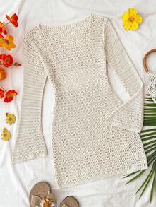 Tween Girls Cover Ups Apricot Off-Shoulder Flare Sleeve Hollow Out Beach Vacation Dress - Apricot - View 2