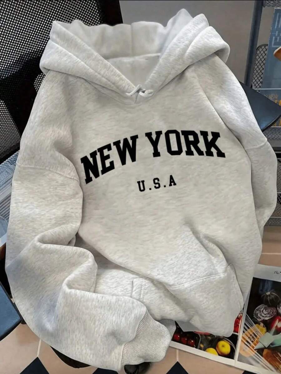 Sudadera Con Capucha De Cuello Redondo Para Hombre Con Estampado De new york , Bolsillo Canguro Y Cordón, Manga Larga, Suelta Y Casual, Ideal Para Regalar En Otoño E Invierno Como Ropa De Hombre - gris - Ver 1