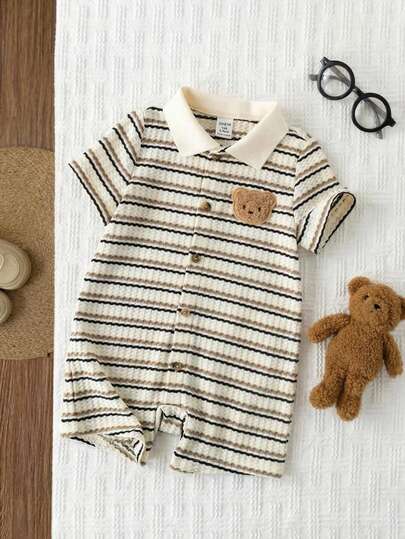 SHEIN Unisex Newborn Baby Boy/Girl Casual Striped Short Sleeve Romper, Suitable For Spring/Summer Wear, Indoor And Outdoor Summer Romper For Baby Boy Baby Casual Romper