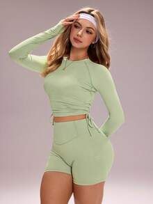 Sovereign Charm Green Solid Color Side Drawstring Top And Shorts Slim Fit Sports Set - Green - View 5