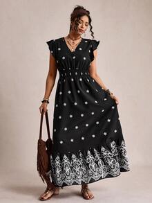 SHEIN LUNE 大码女式纹理面料飘逸长裙，夏季毕业礼服，7月4日白色毕业典礼服装 - 黑色 - 查看 3