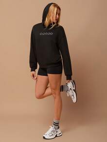 SURIMA Women's Casual Fashionable Street Sweatshirt, Star & Letter Print With Rhinestone Decor, Loose Fit Pullover For Daily Commute - Black - View 2