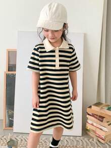 Dazy Kids 年轻女孩条纹高领短袖休闲连衣裙 - 黑與白 - 查看 6