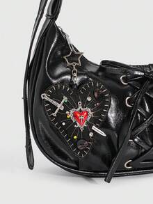 ROMWE Goth 1件哥特式心形剑形毛毡吊坠，心形钥匙扣，手工缝制亮片无纺布材质，十字架心形装饰品，营造万圣节氛围 - 黑紅色 - 查看 6